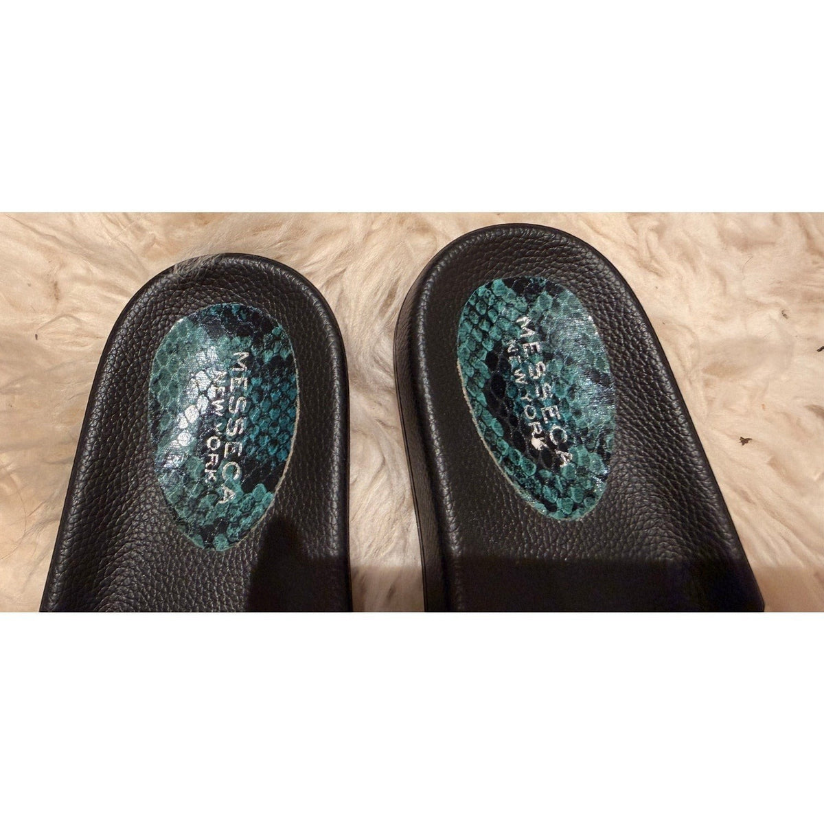 Bailey Grace Closet Concierge Messeca slide sandals featuring teal snake print insoles with brand logo detail