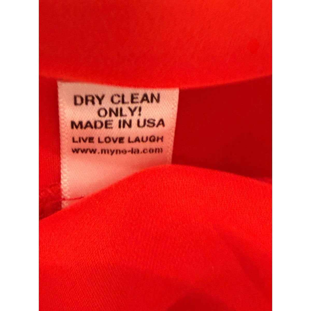 Bailey Grace Closet Concierge MYNE red silk camisole care label showing Made in USA and dry clean instructions