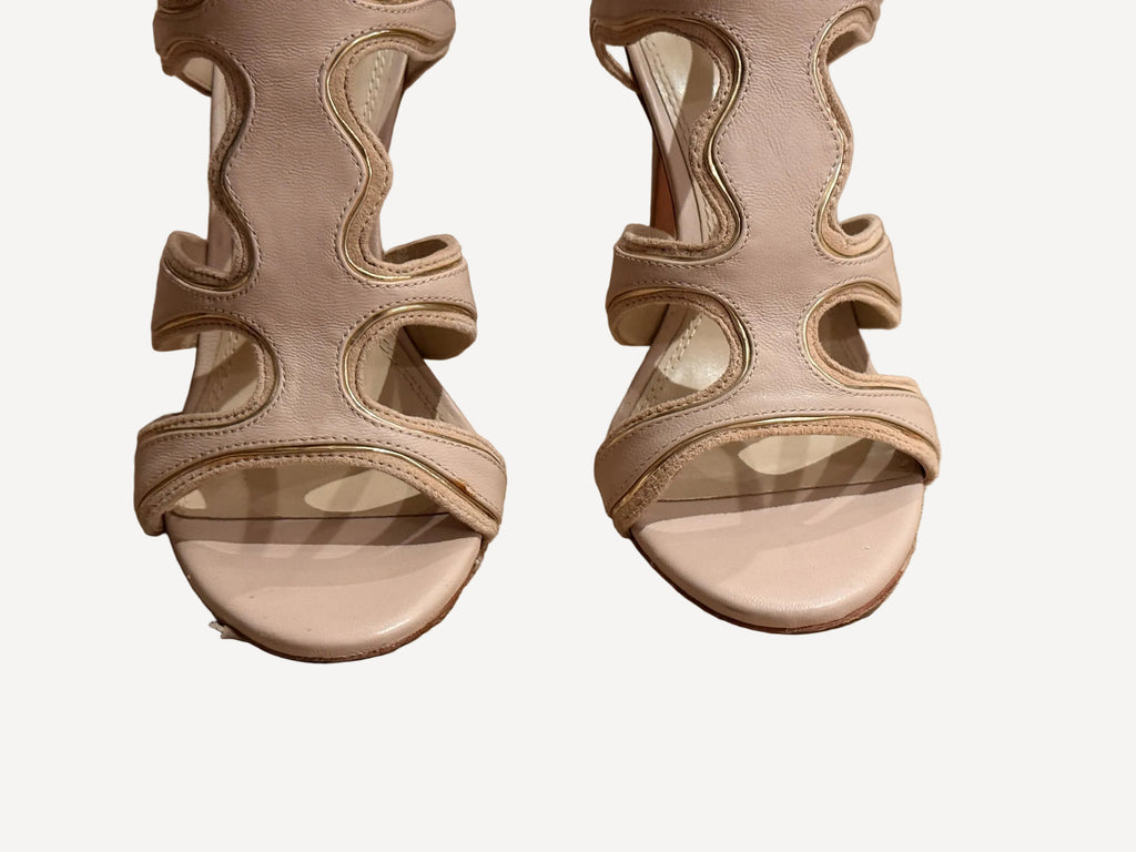 Bailey Grace Closet Concierge nude stiletto sandals with wavy cut-out design and metallic piping detail