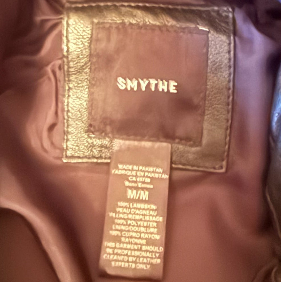 Bailey Grace Closet Concierge SMYTHE puffer jacket interior label showing black lambskin leather and dark lining