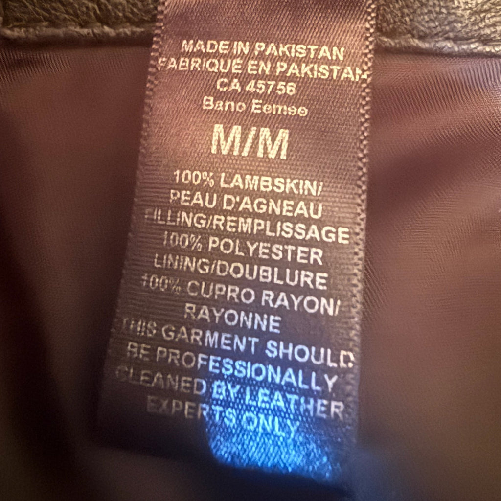Bailey Grace Closet Concierge SMYTHE puffer jacket garment care label showing 100% lambskin leather and size M/M