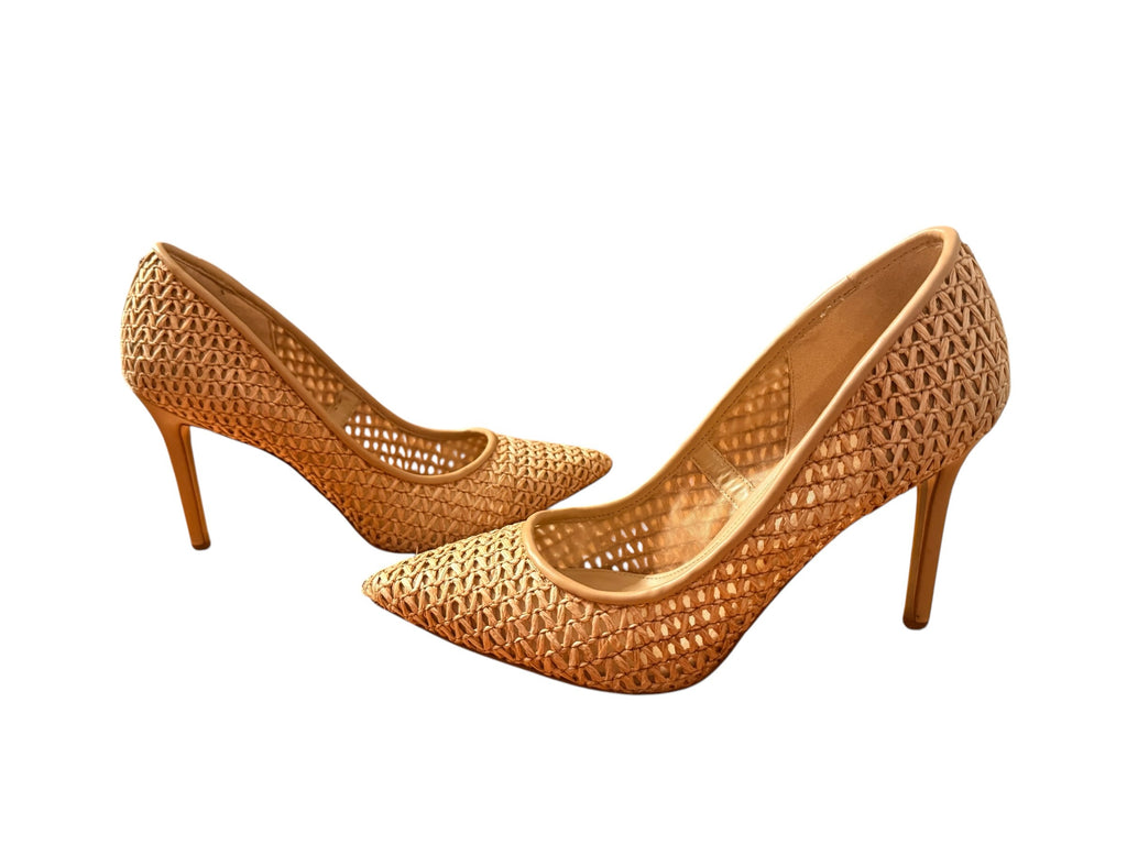 Bailey Grace Closet Concierge tan woven raffia pointed-toe stiletto pumps with a breathable texture.