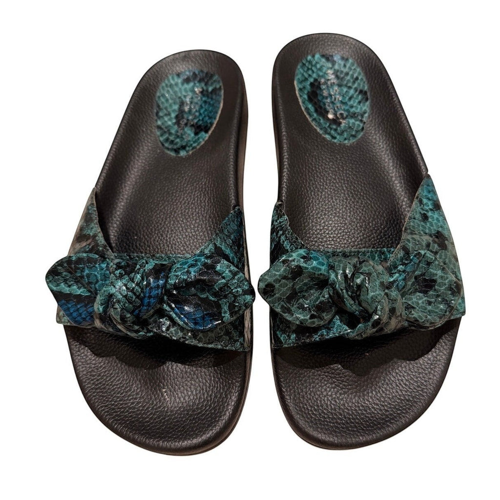 Bailey Grace Closet Concierge Messeca teal snake print slide sandals with double knotted bow detail and black footbed.