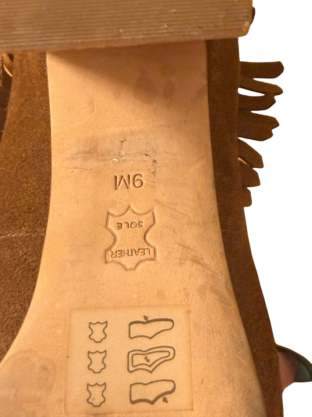 Bailey Grace Closet Concierge Tory Burch brown suede moccasin leather sole with size 9M stamp and block heel detail