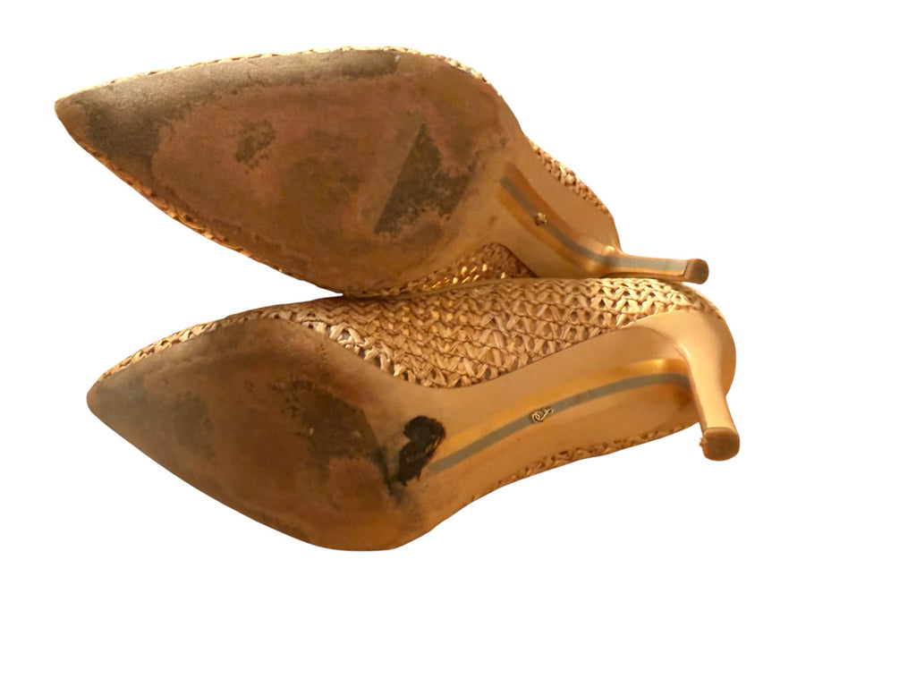 Bailey Grace Closet Concierge tan woven raffia pointed-toe stiletto pumps showing the worn soles