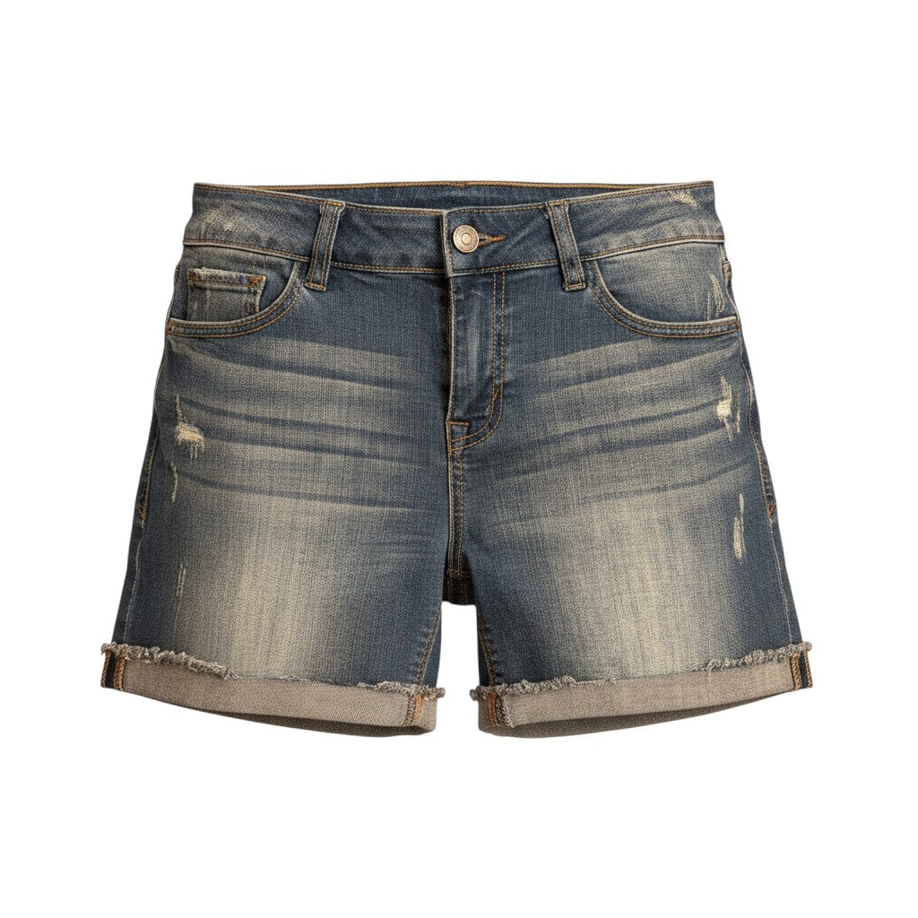 Bailey Grace Closet Concierge Kensie Jeans blue stretch denim shorts, mid-rise with distressed details and cuffed hem. Size 29.