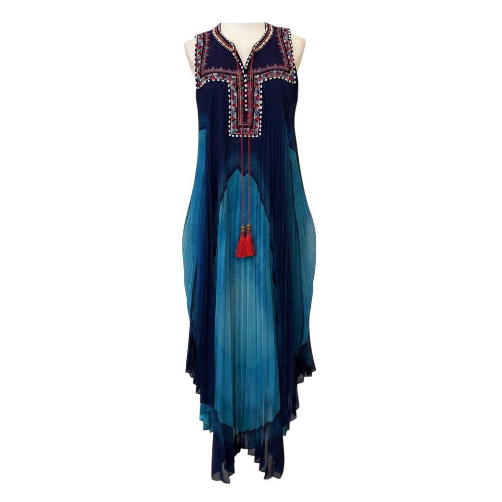 Bailey Grace Closet Concierge navy and turquoise pleated maxi dress with beaded neckline and red tassels, size medium.