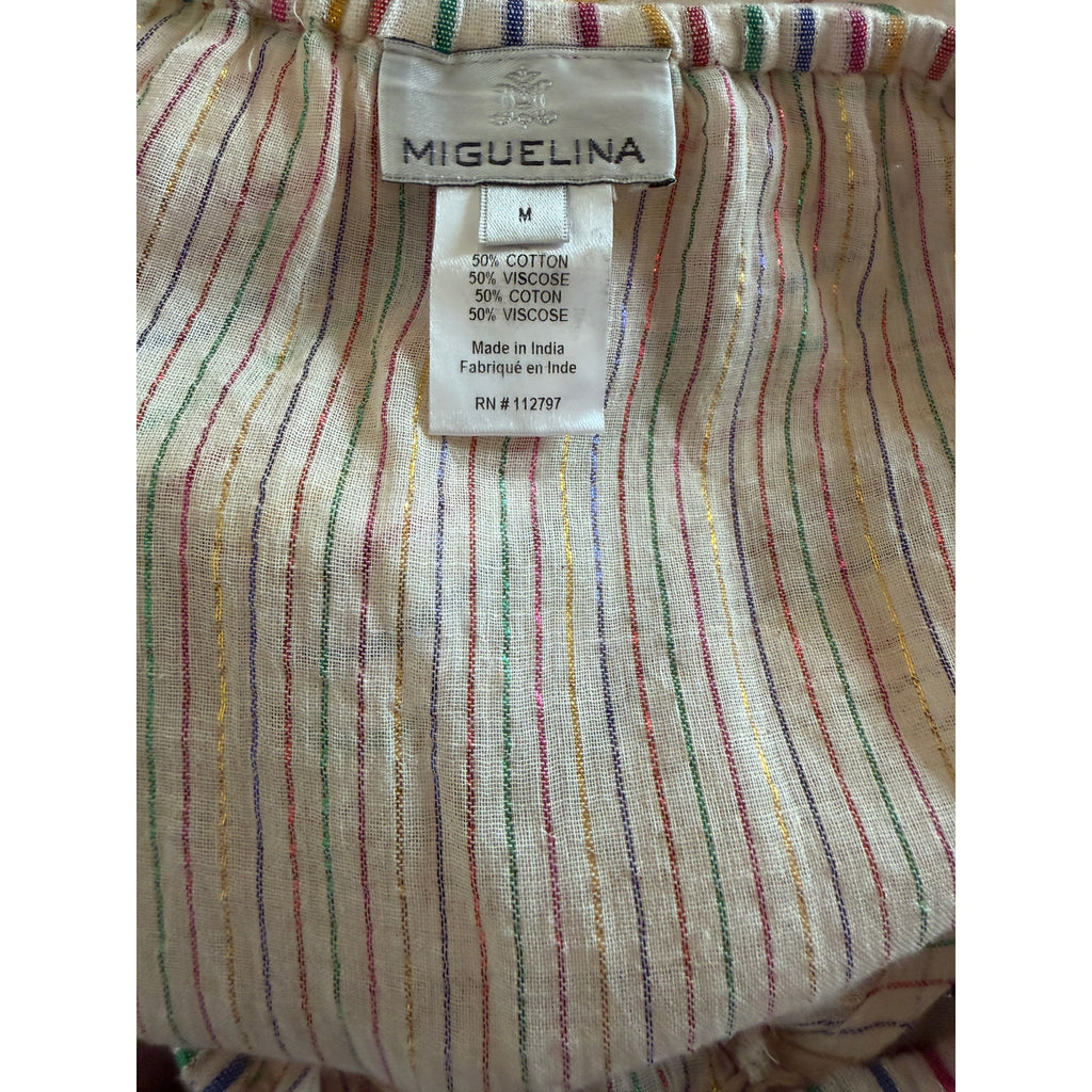 Miguelina Amiya Off-Shoulder Sheer Dress Metallic Stripe Multicolor Lace -Size M