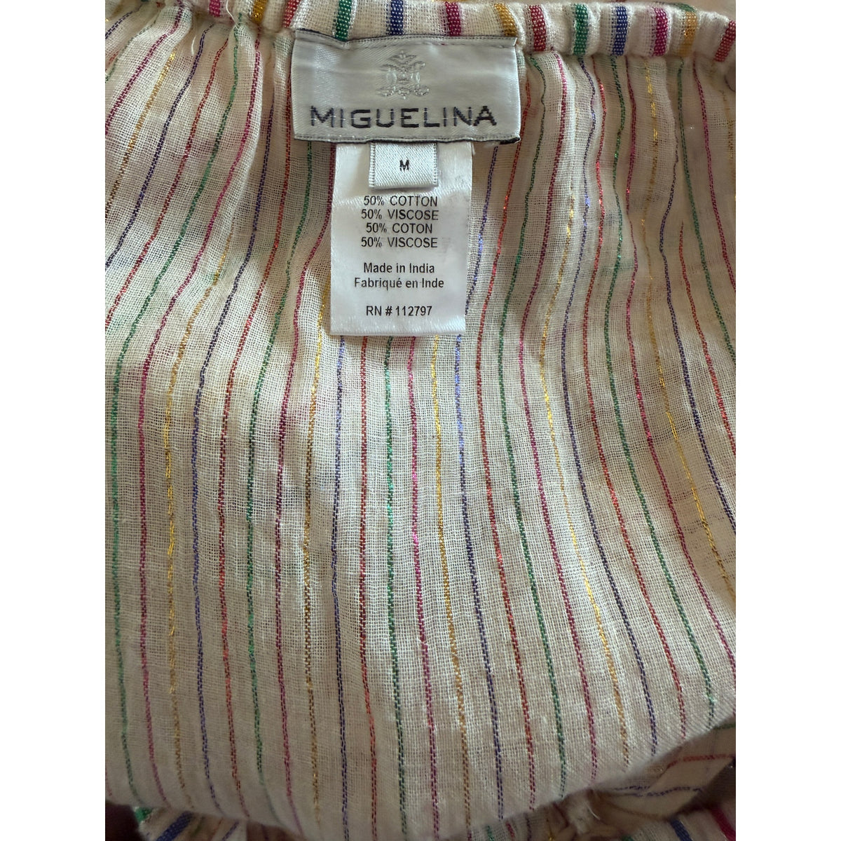 Miguelina Amiya Off-Shoulder Sheer Dress Metallic Stripe Multicolor Lace -Size M