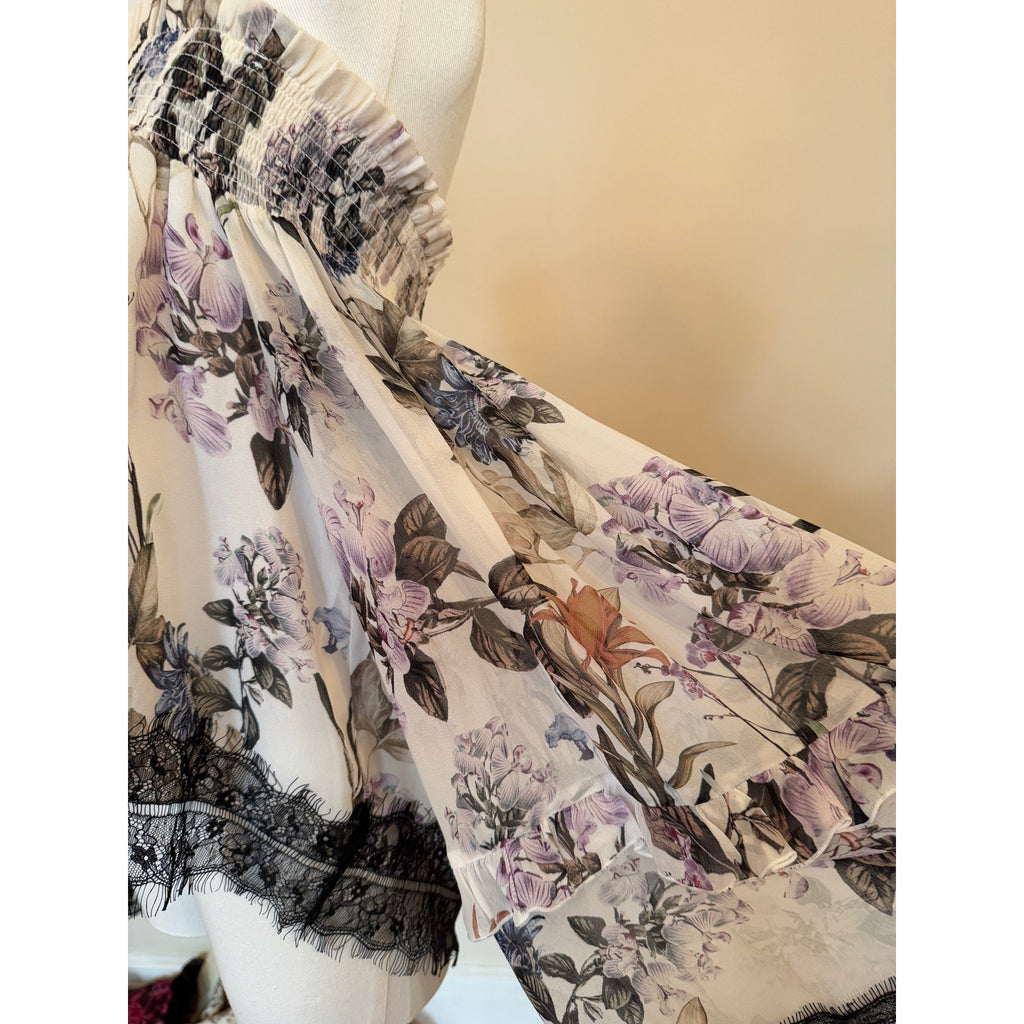 Nicholas Cream Floral Off-Shoulder Smocked Top with Lace Accent Size 4
