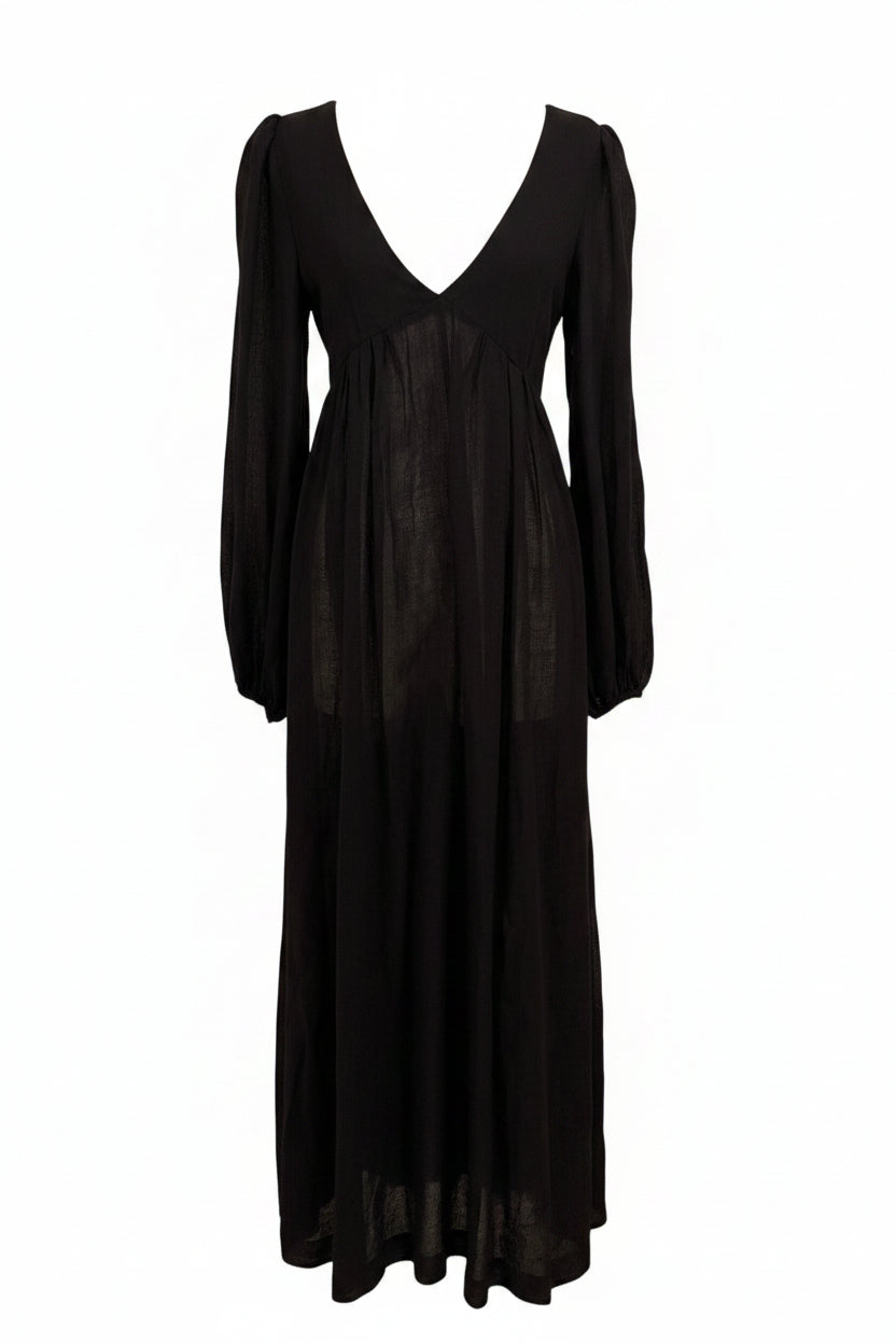 Lisa Marie Fernandez Black Deep V-Neck Long Sleeve Dress with Adjustable Waist Tie