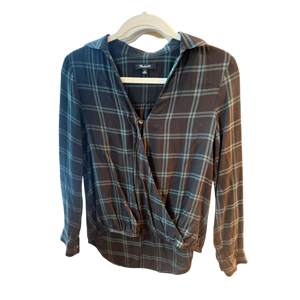 Madewell Wrap-Front Shirt Palma Plaid Green Black XS