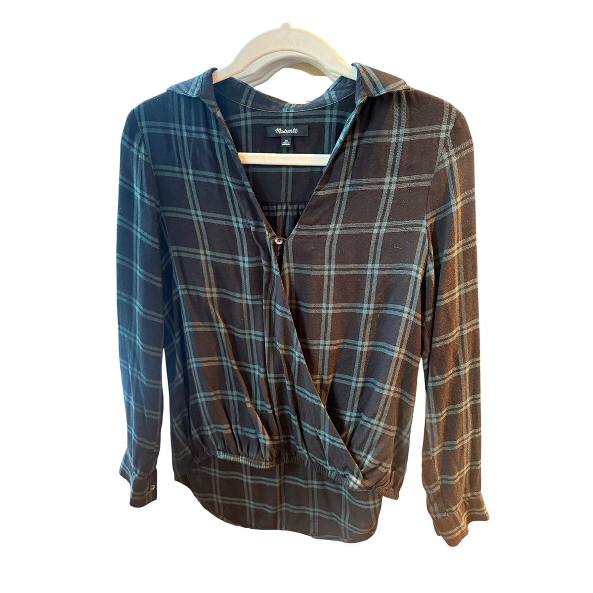 Madewell Wrap-Front Shirt Palma Plaid Green Black XS