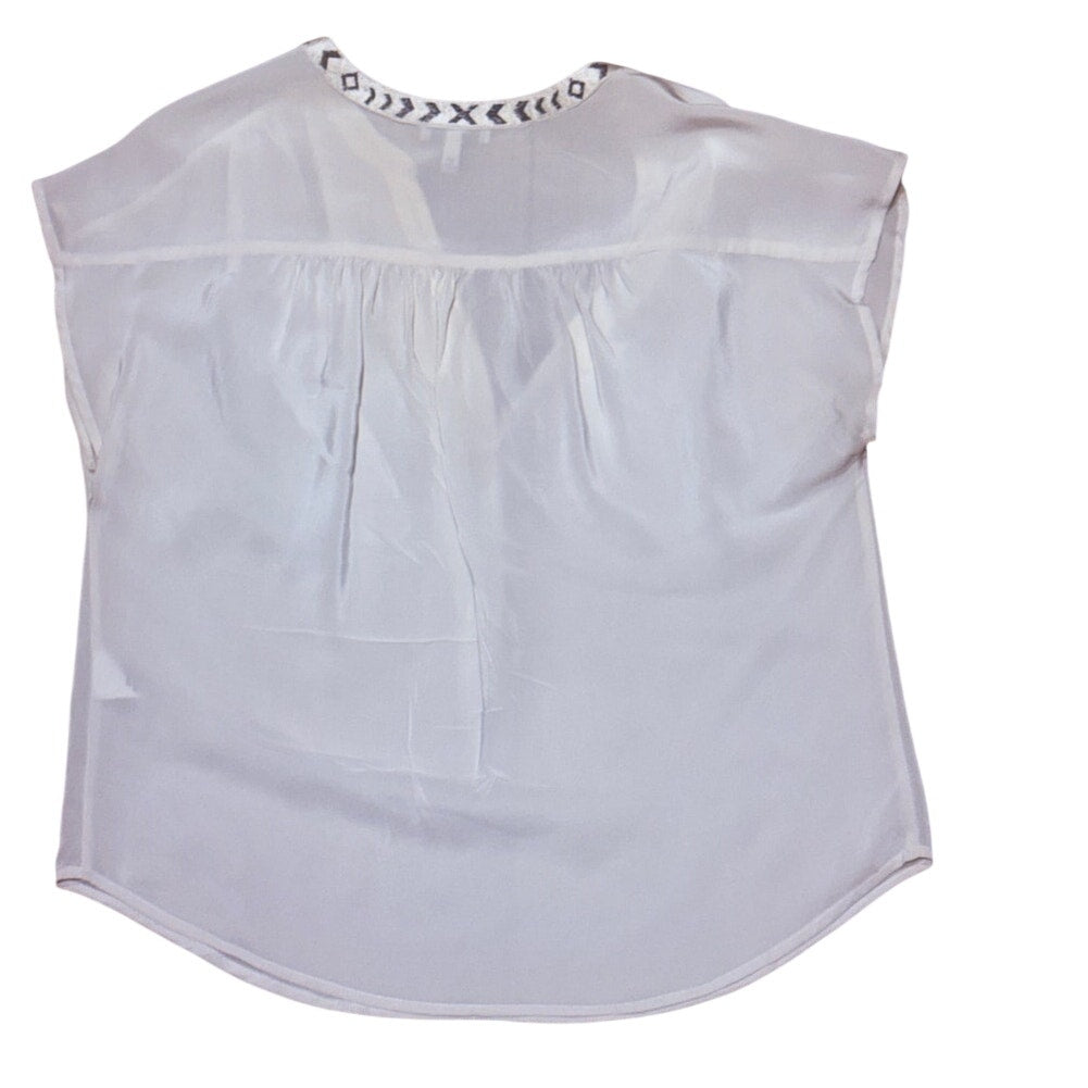 Joie Ivory Embroidered Split-Neck Silk Blouse, Size S