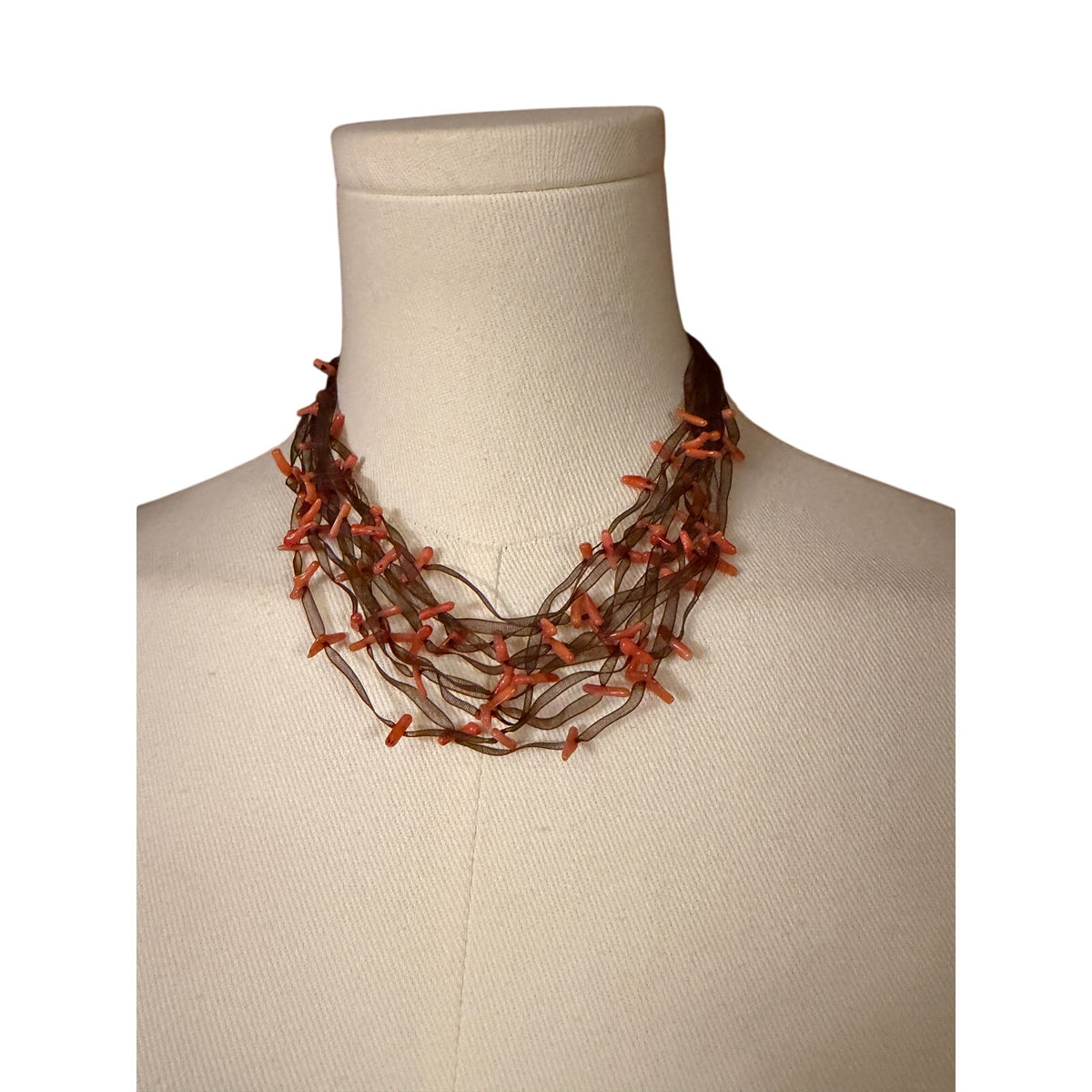 Coral "Slabs" on Black Sheer Ribbon Gathered Necklace 13-15"