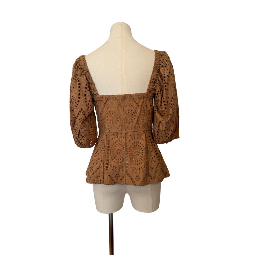 Ganni Broderie Anglaise Eyelet Blouse Camel Brown Cotton Climate Tagged- 36 /US8