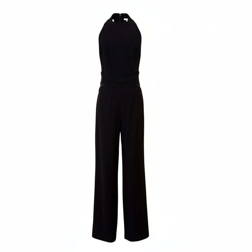 Black jumpsuit on a mannequin against a white background