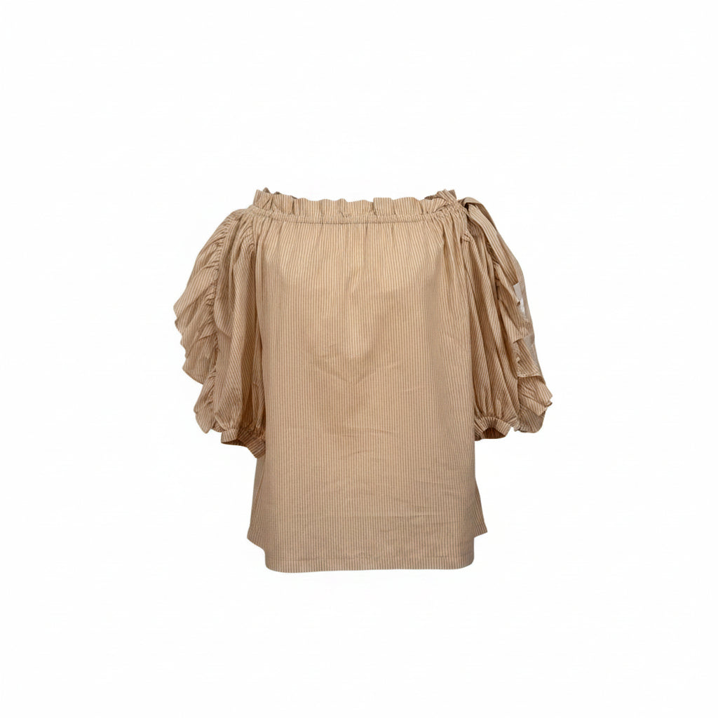 Robert Rodriguez Cotton Beige & White Stripe Tie shoulder Half Sleeves - XS
