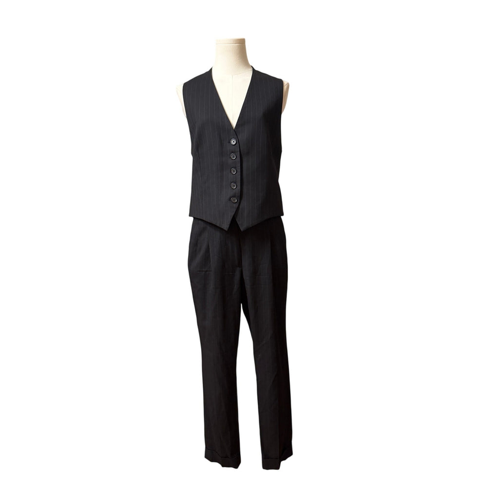 Nili Lotan Angelina Vest & Pant Set Black w/Thin Pinstripe Italian Wool - Size 4