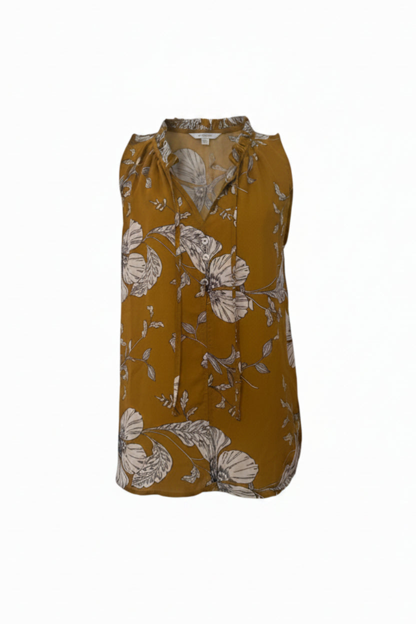 West K Sleeveless V & Button & Tie-Front Ruffle Collar Blouse Mustard Floral - L