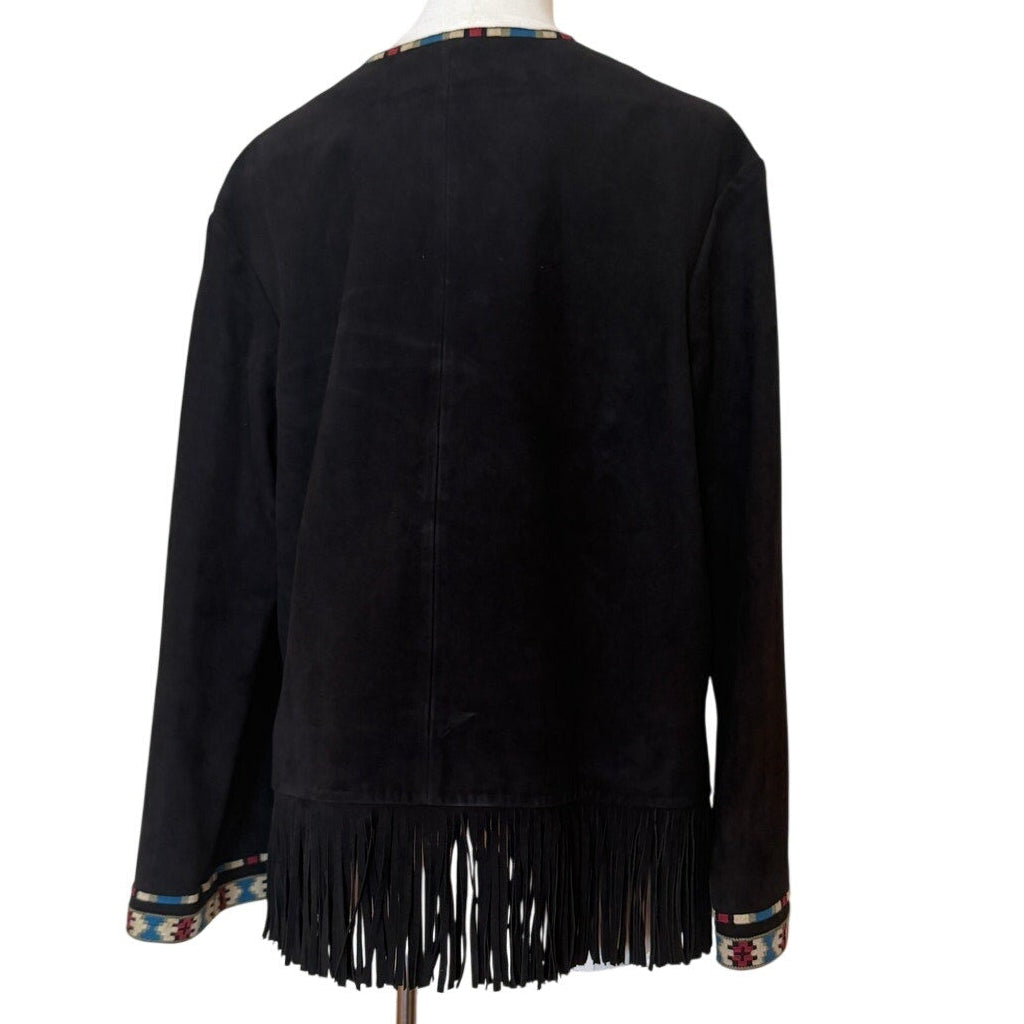 Talitha Black Suede Fringe Tunic with Embroidery Blouse Small