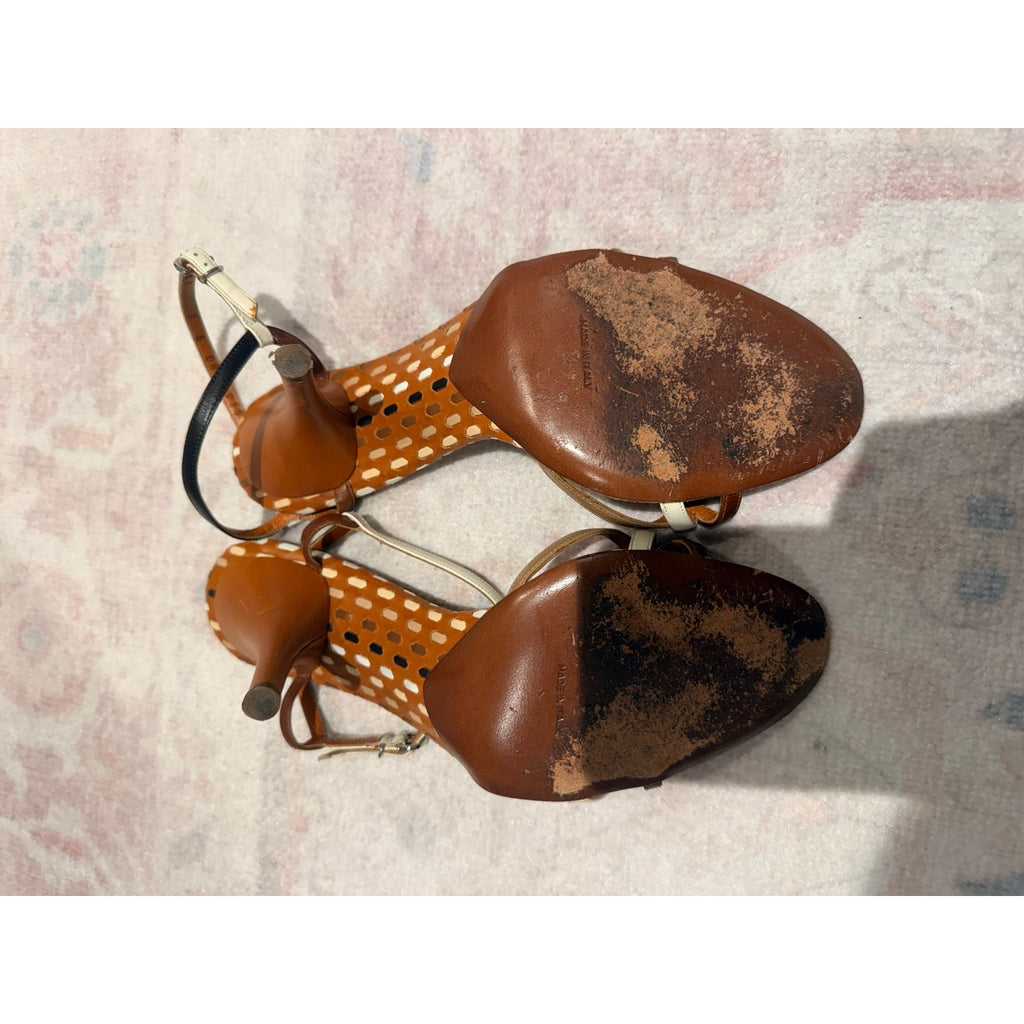 Salvatore Ferragamo Cognac T-Strap Sandal Heels Size 9 B