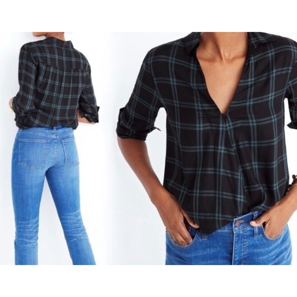 Madewell Wrap-Front Shirt Palma Plaid Green Black XS