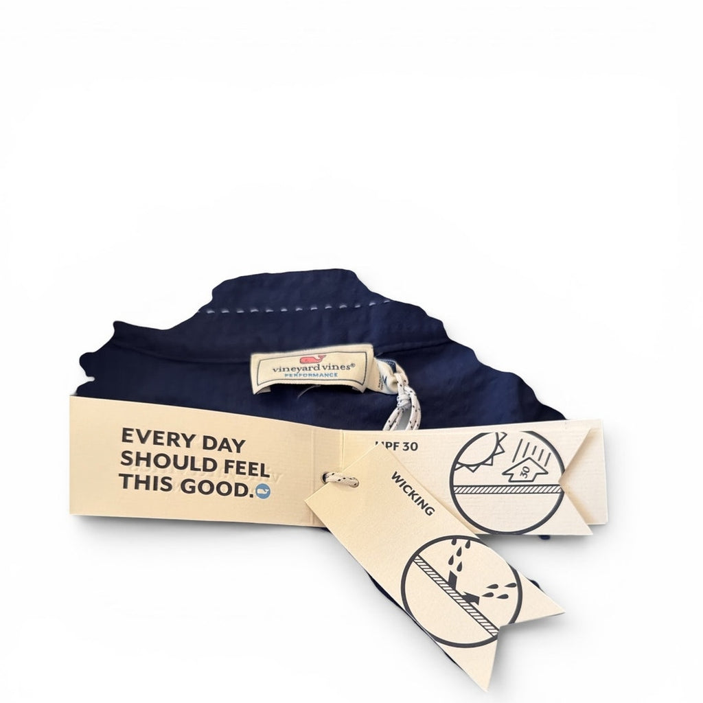 Navy hoodie with packaging displaying text and brand logo on a white background
