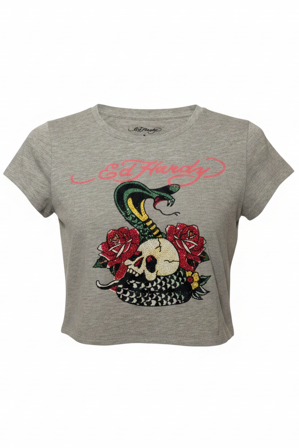 Ed Hardy Rhinestone Skull Snake Roses Y2K Tee Size M
