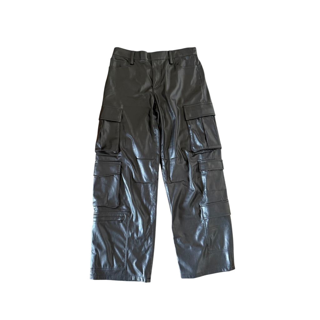 Black leather cargo pants on a white background