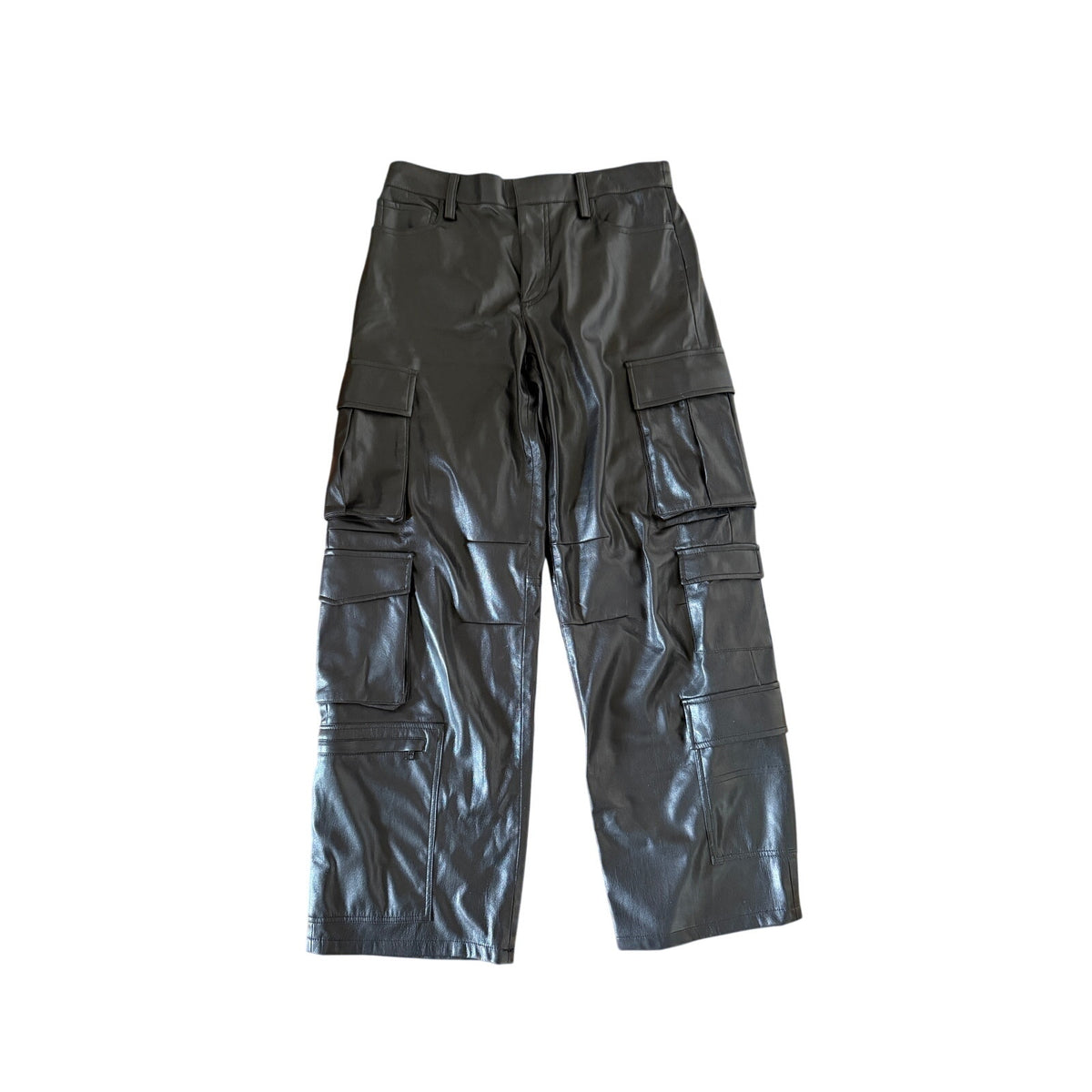 Black leather cargo pants on a white background