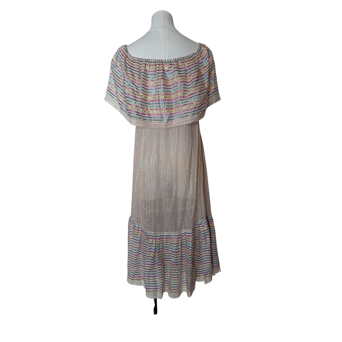 Miguelina Amiya Off-Shoulder Sheer Dress Metallic Stripe Multicolor Lace -Size M