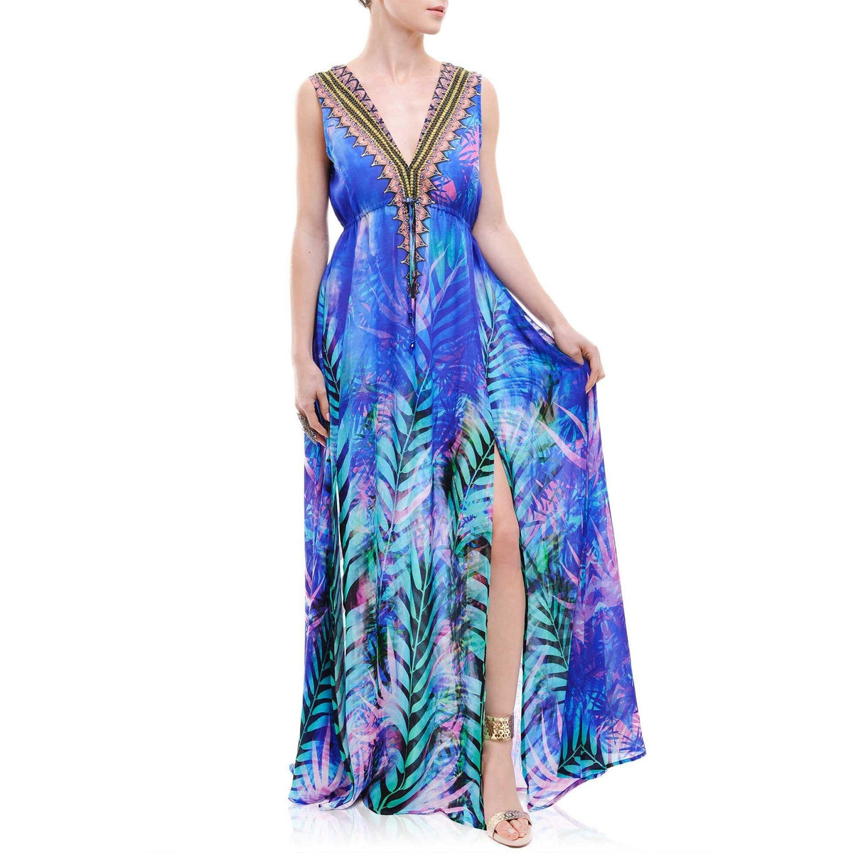 Shahida Parides Tropical Print Blue Purple Maxi Plunge Beaded Dress NWOT Small
