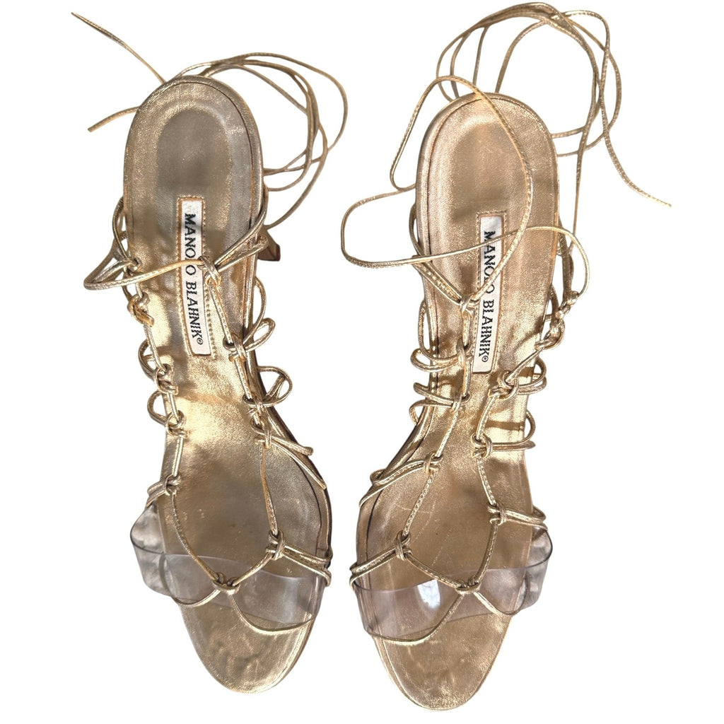 Manolo Blahnik Gold Metallic Caged Ankle-Tie Stiletto Sandal EU 41