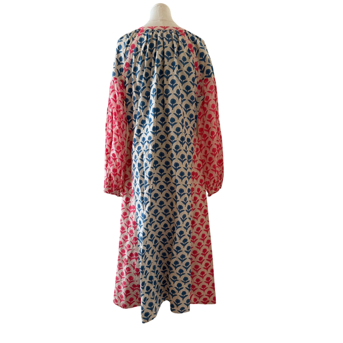 AISH Blue Pottery Handwoven Cotton Dress Blue Pink Oversized Midi - Size M/L