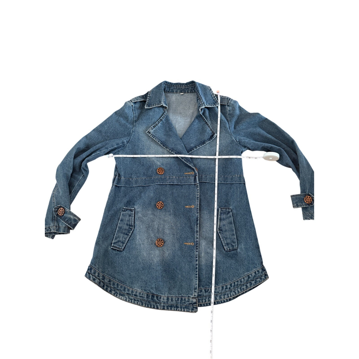 Vintage Denim Double-Breasted Wood Button Jacket Curved Bottom - S