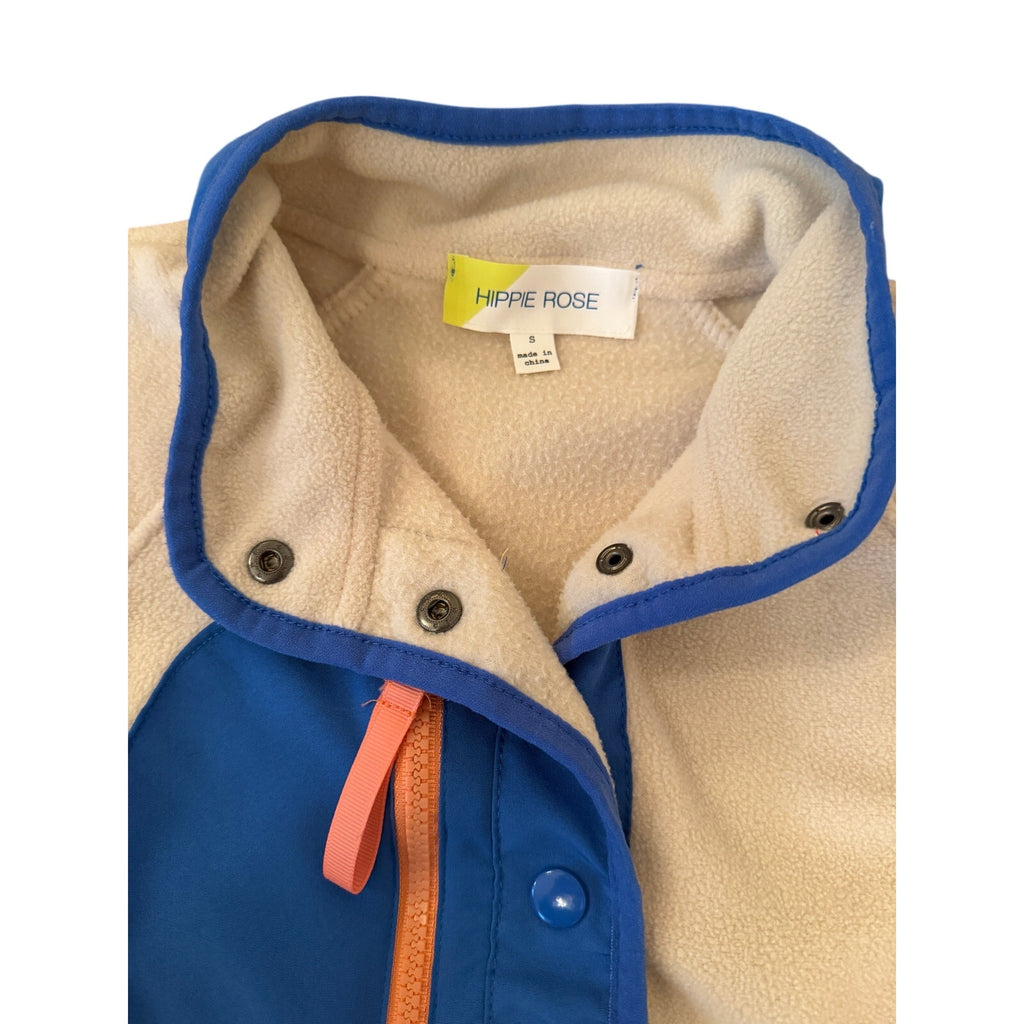 Hippie Rose Fleece Pullover Snap Neck Beige Blue Pink - S