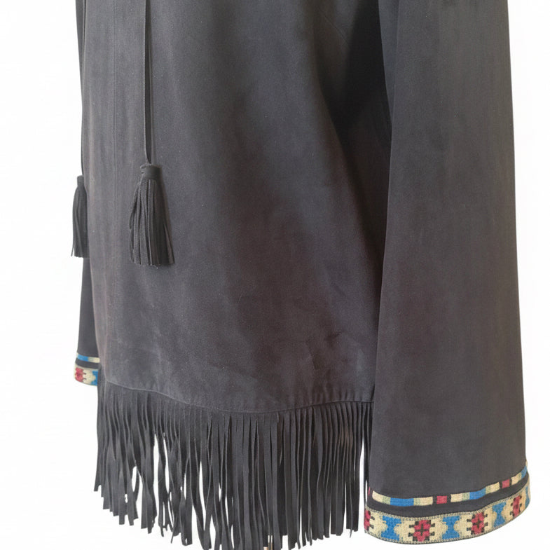Talitha Black Suede Fringe Tunic with Embroidery Blouse Small