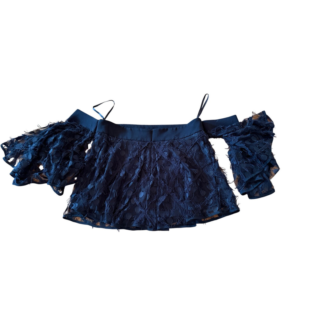 Milly for Bergdorf Goodman Lace Off-Shoulder Crop Top Black Feather Texture US 6