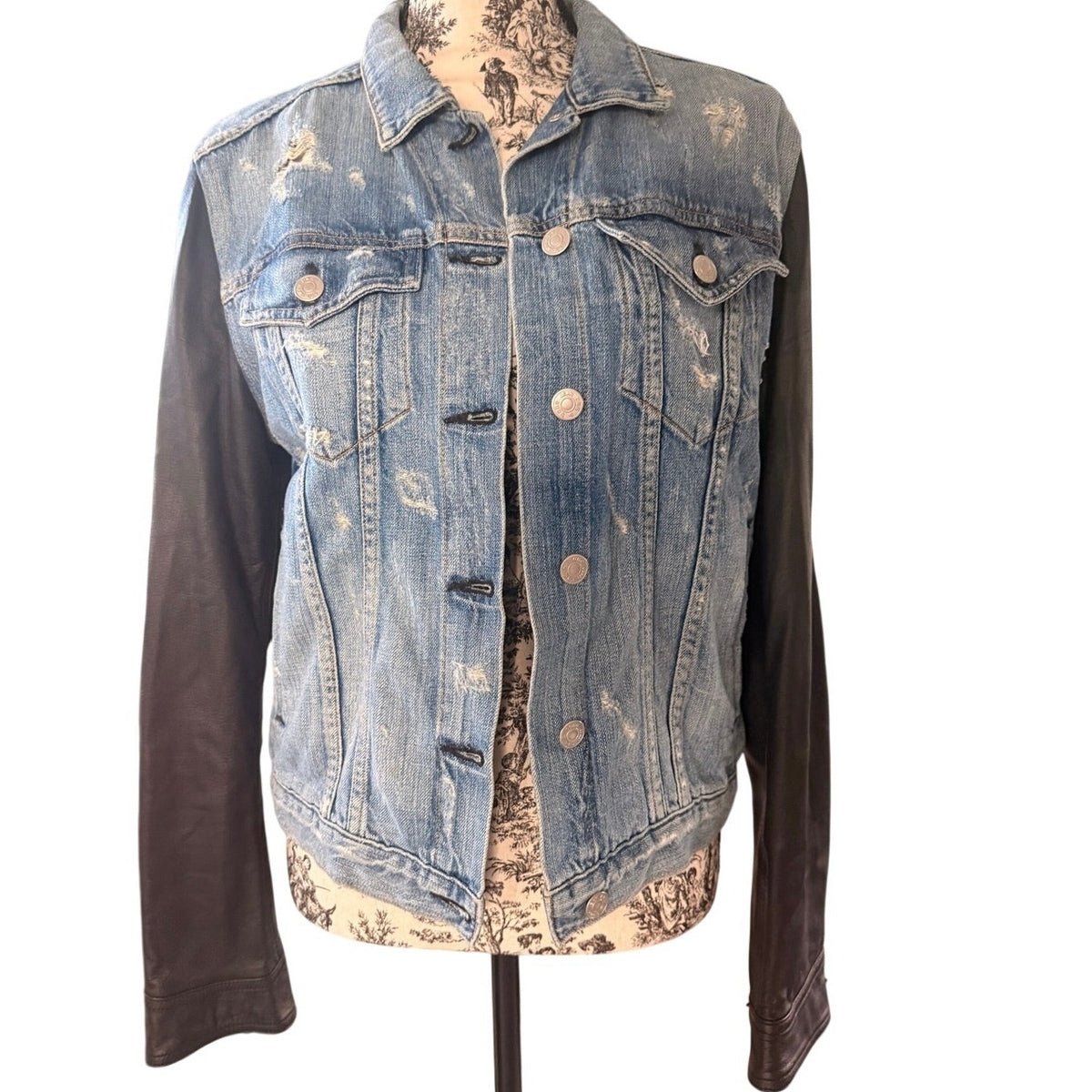 Rag & Bone Blue Denim Black Leather Sleeve Trucker Jacket Medium