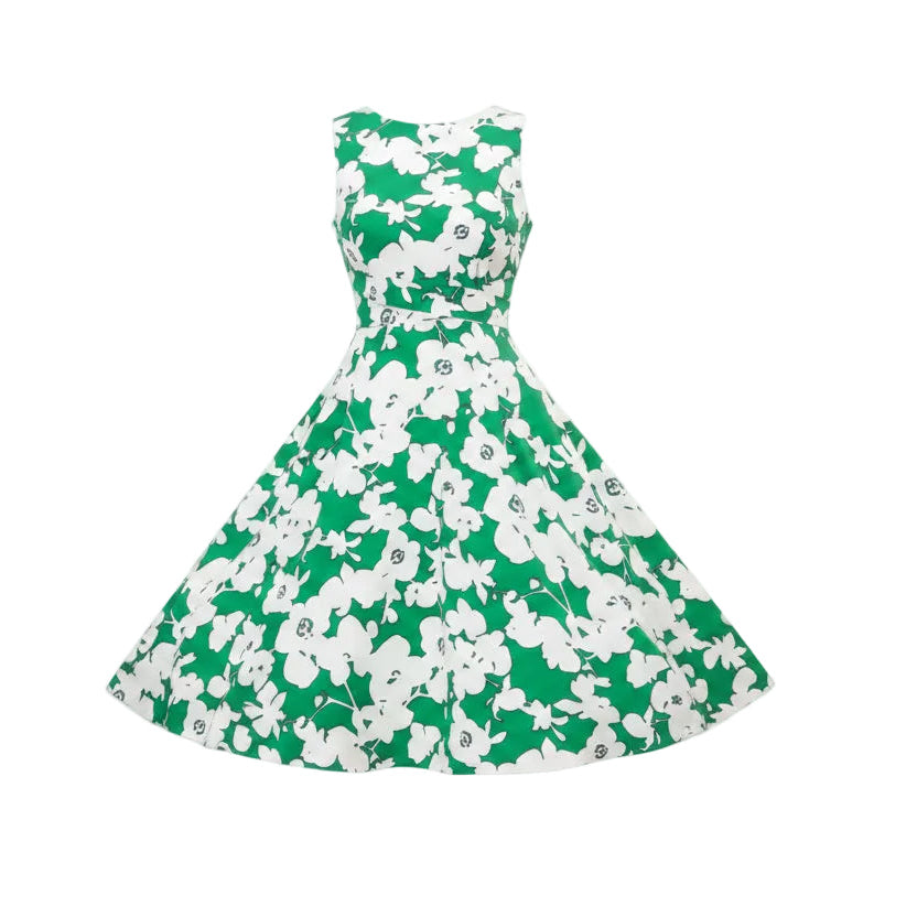 Green and white floral dress on a plain background