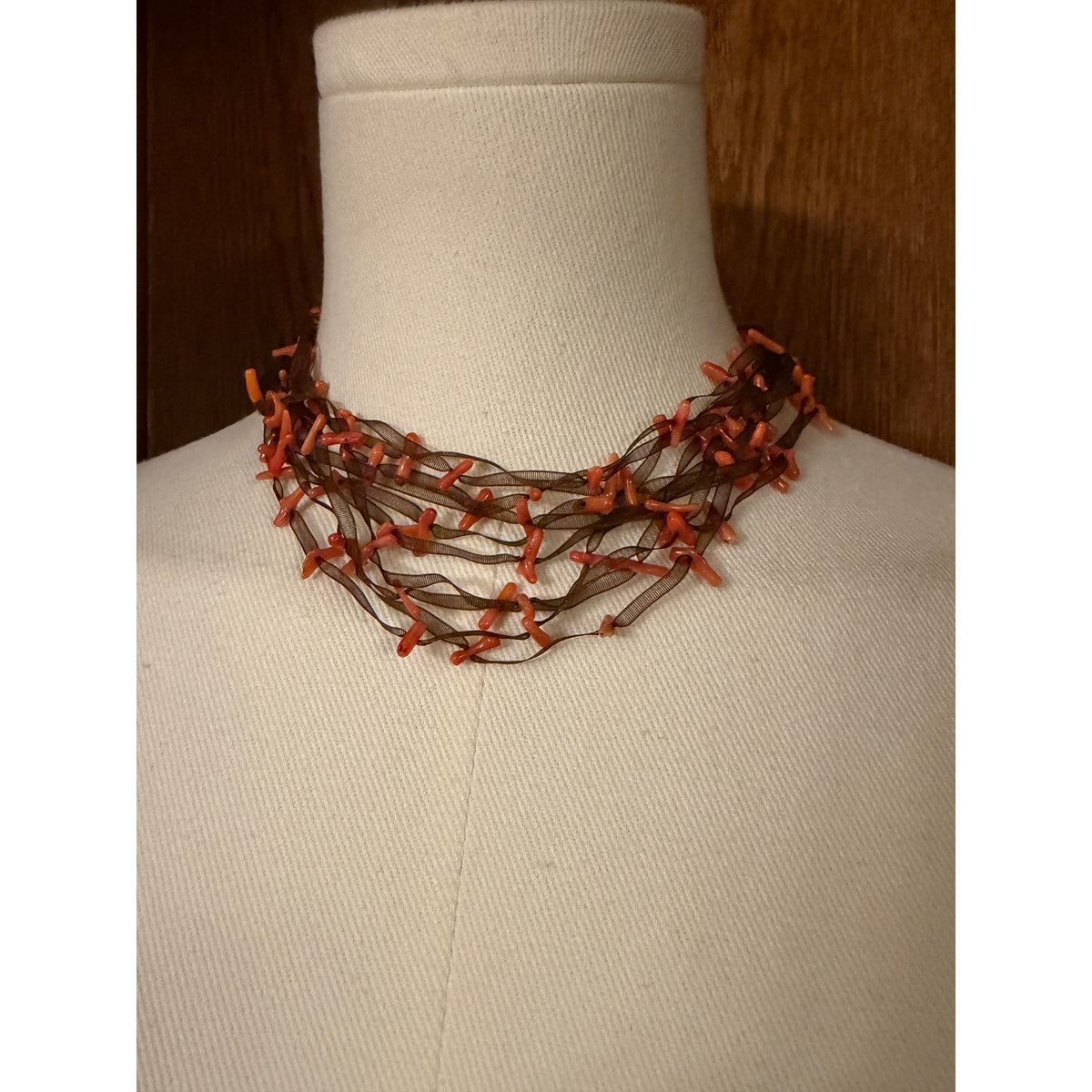 Coral "Slabs" on Black Sheer Ribbon Gathered Necklace 13-15"