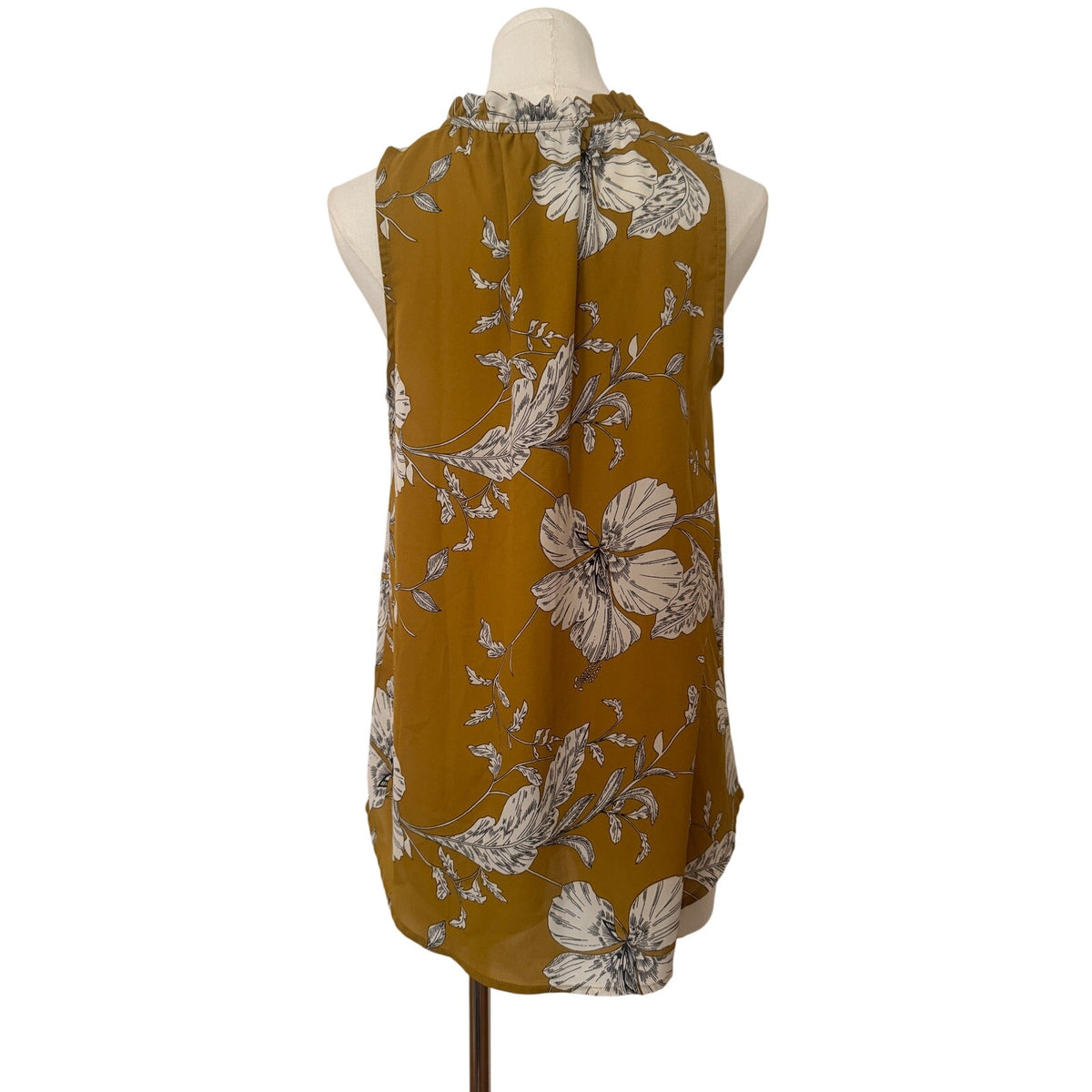 West K Sleeveless V & Button & Tie-Front Ruffle Collar Blouse Mustard Floral - L