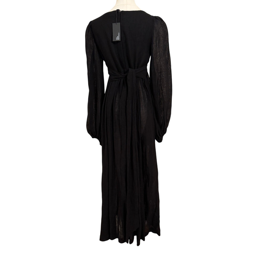 Lisa Marie Fernandez Black Deep V-Neck Long Sleeve Dress with Adjustable Waist Tie