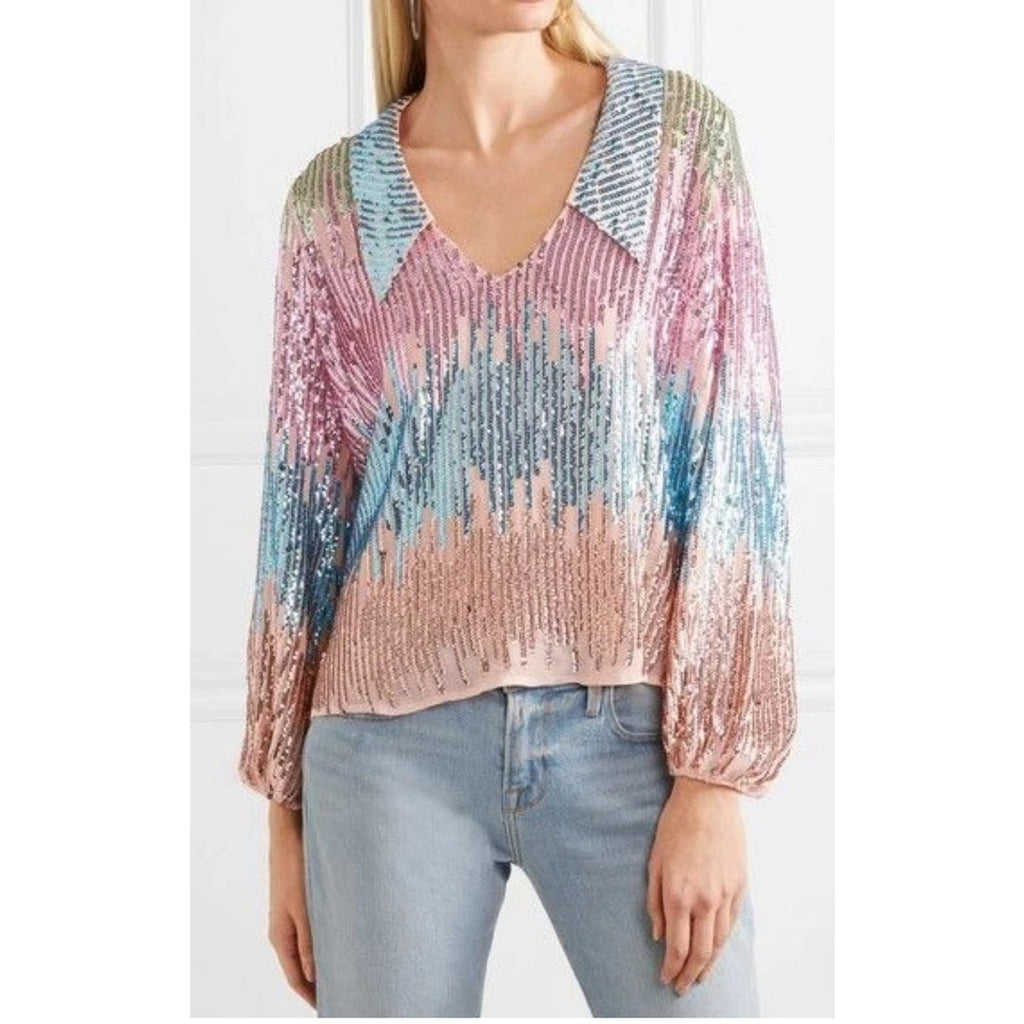 Rixo London Lyla Sequin Rainbow Collared Blouse - Medium
