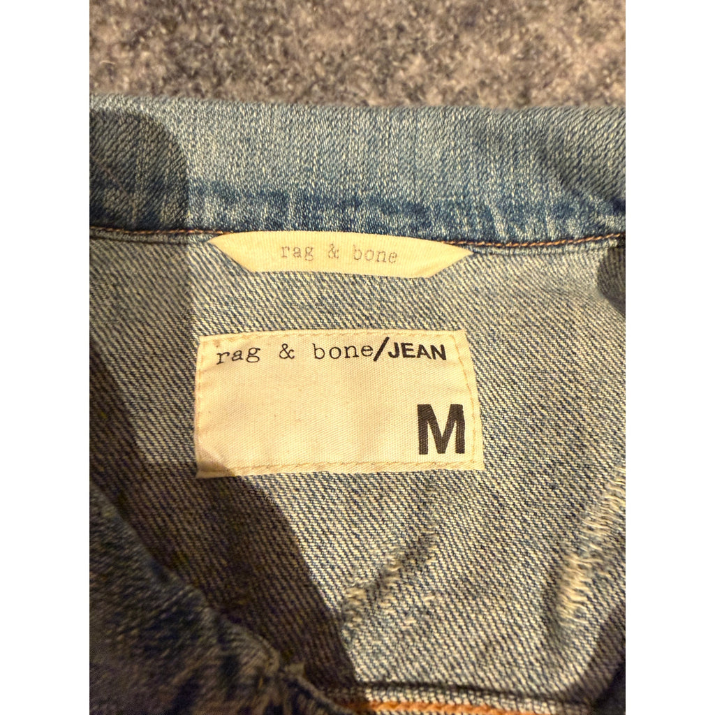 Rag & Bone Blue Denim Black Leather Sleeve Trucker Jacket Medium