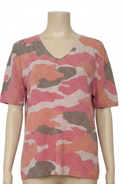 Escorpion Pink Orange Brown Camo Print V-Neck Sweater L