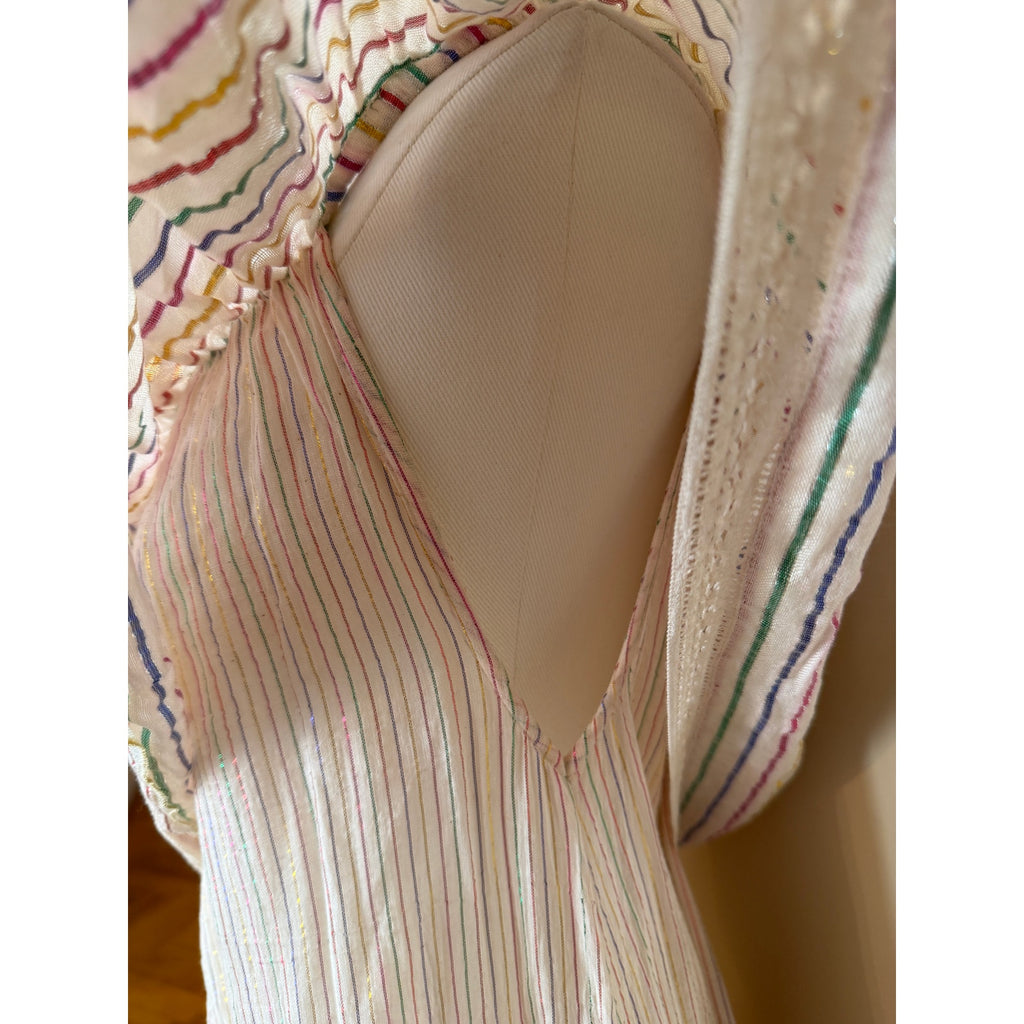Miguelina Amiya Off-Shoulder Sheer Dress Metallic Stripe Multicolor Lace -Size M