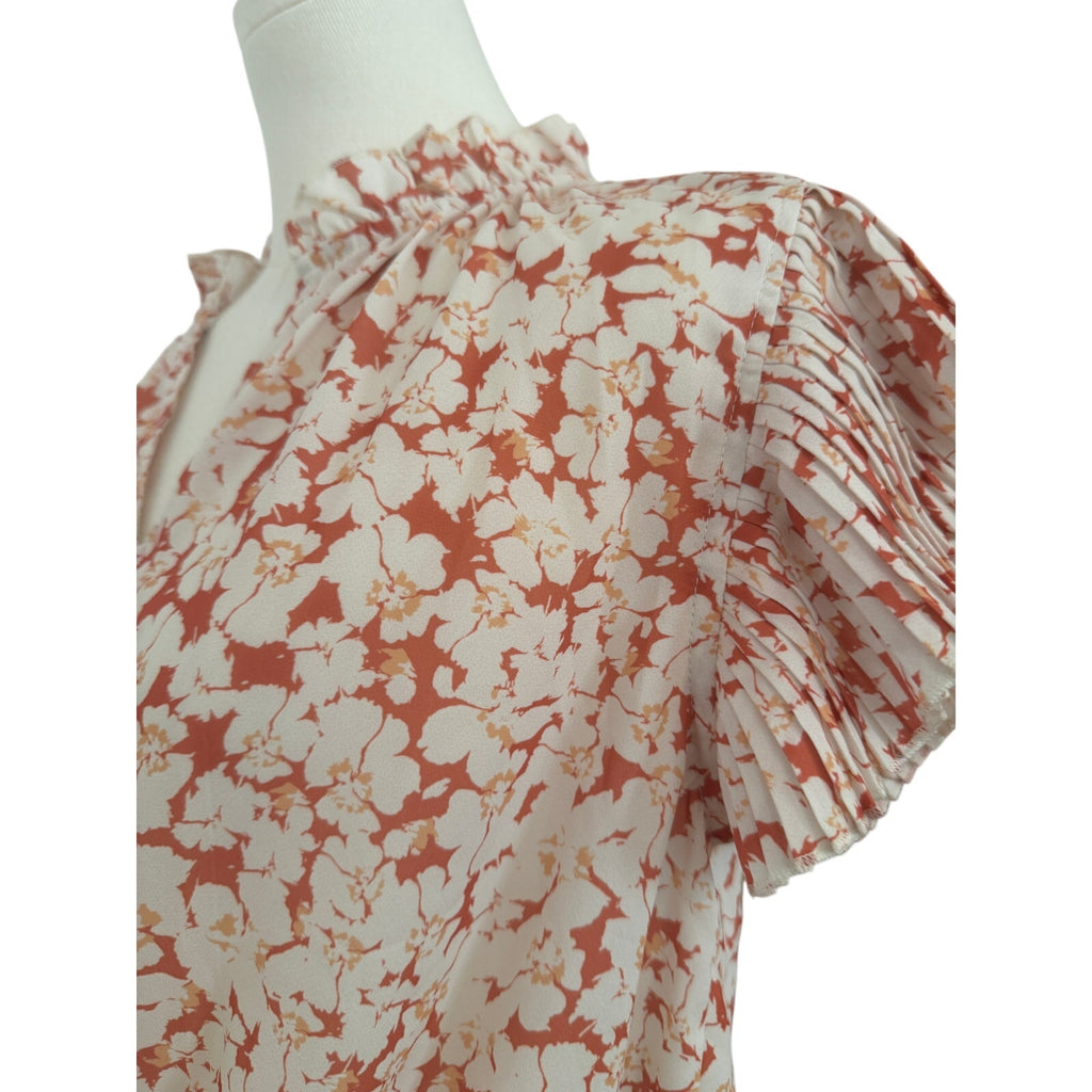 Voy Pleat-Sleeve Slight V-Neck Ruched Waist Blouse Orange w/White Flowers -Small