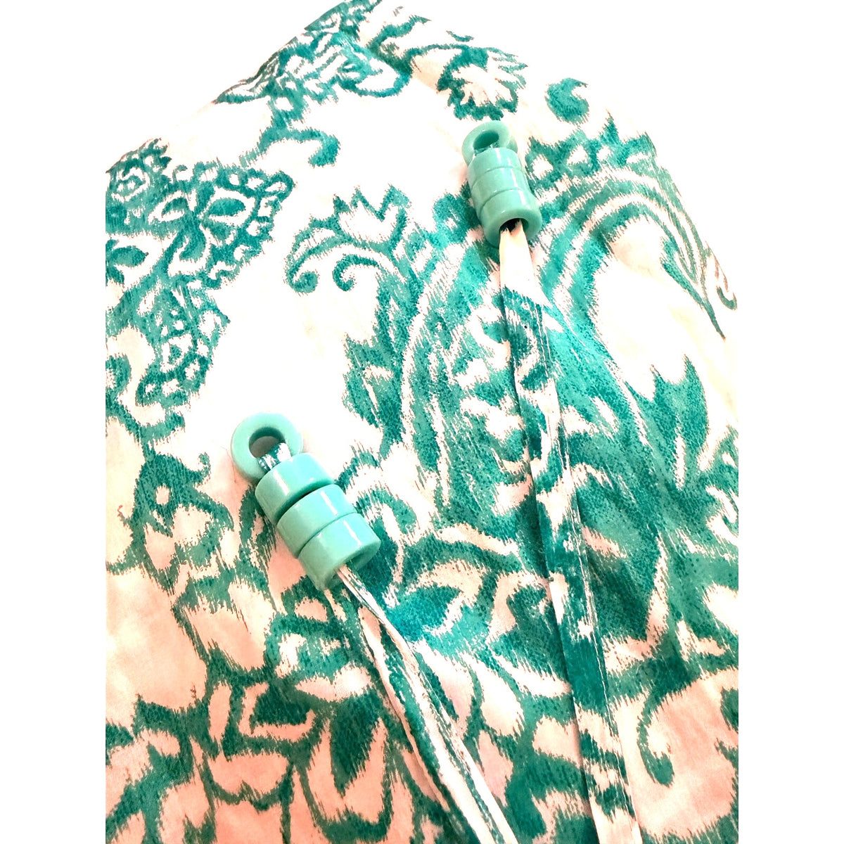 Toshie Italy NWOT Cotton Batwing Dress Aqua White V-Neck Drawstring Beaded - L